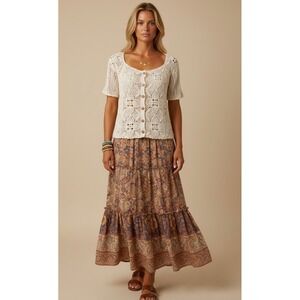 Hand Made Cream Crochet Medium Short Sleeve Button Up Crop Top Boho